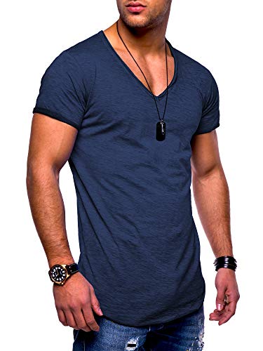 behype. Herren Kurzarm Basic T-Shirt V-Neck Ausschnitt Oversize-Look 20-0002 (L, Navy_Washed) von behype.
