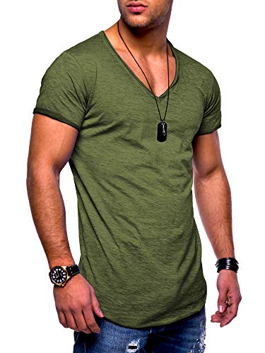 behype. Herren Kurzarm Basic T-Shirt V-Neck Ausschnitt Oversize-Look 20-0002 (M, Khaki_Washed) von behype.