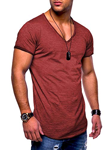 behype. Herren Kurzarm Basic T-Shirt V-Neck Ausschnitt Oversize-Look 20-0002 (M, Weinrot_Washed) von behype.