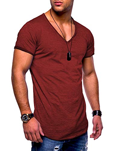 behype. Herren Kurzarm Basic T-Shirt V-Neck Ausschnitt Oversize-Look 20-0002 (XL, Weinrot) von behype.