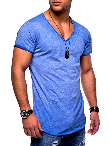 behype. Herren Kurzarm Basic T-Shirt V-Neck Ausschnitt Oversize-Look 20-0002 Blau L von behype.