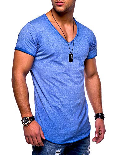 behype. Herren Kurzarm Basic T-Shirt V-Neck Ausschnitt Oversize-Look 20-0002 Blau M von behype.
