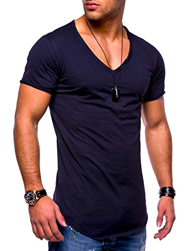 behype. Herren Kurzarm Basic T-Shirt V-Neck Ausschnitt Oversize-Look 20-0002 Navy M von behype.
