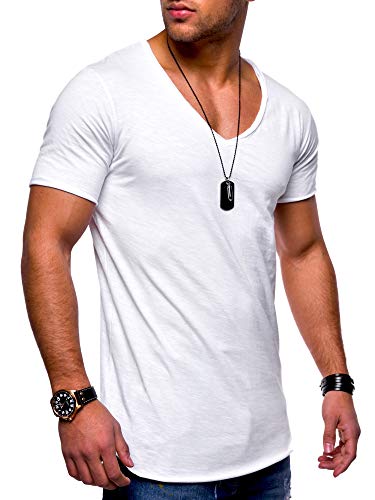 behype. Herren Kurzarm Basic T-Shirt V-Neck Ausschnitt Oversize-Look 20-0002 Weiß S von behype.