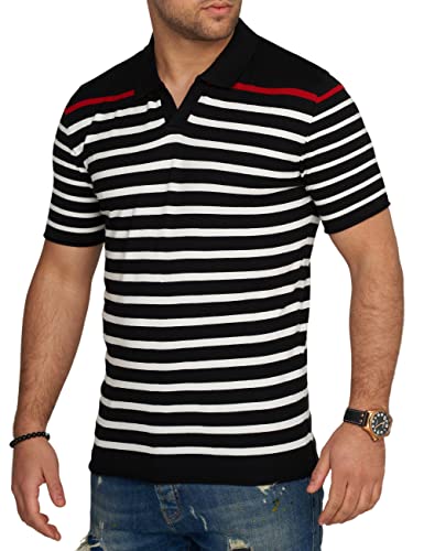 behype. Herren Kurzarm Poloshirt Feinstrick Polo T-Shirt Gestreiftes Shirt 4667-Schwarz-XXL von behype.