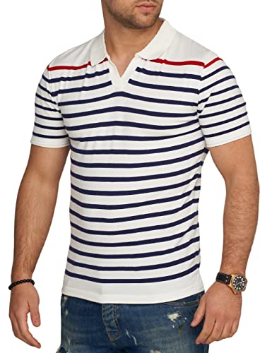 behype. Herren Kurzarm Poloshirt Feinstrick Polo T-Shirt Gestreiftes Shirt 4667-Weiß-M von behype.