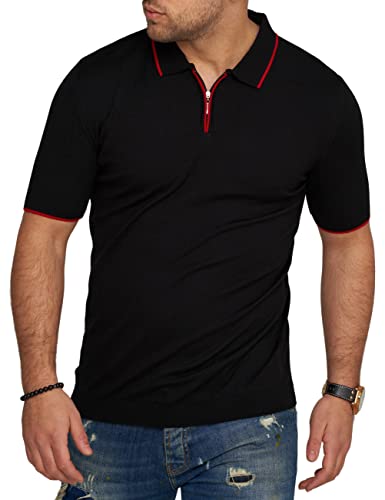 behype. Herren Kurzarm Poloshirt Feinstrick Polo T-Shirt Zip-Neck Shirt 4672-Schwarz-L von behype.