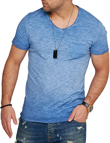 behype. Herren Kurzarm T-Shirt Washed Look mit Brusttasche V-Neck 4663-Blau-S von behype.