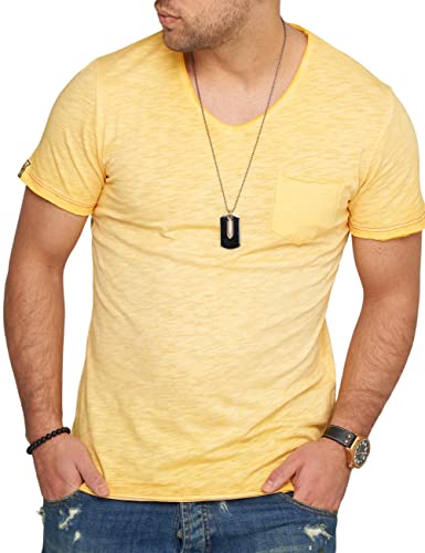 behype. Herren Kurzarm T-Shirt Washed Look mit Brusttasche V-Neck 4663-Gelb-M von behype.