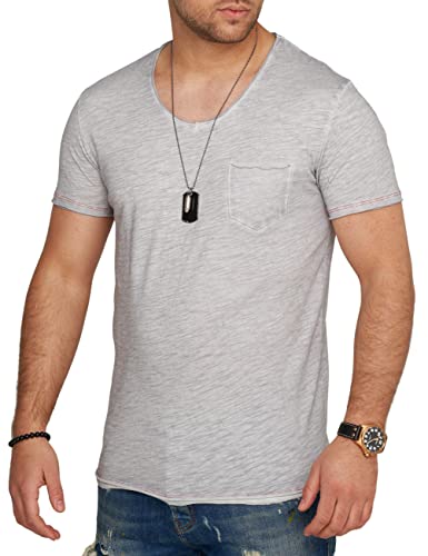 behype. Herren Kurzarm T-Shirt Washed Look mit Brusttasche V-Neck 4663-Hellgrau-L von behype.