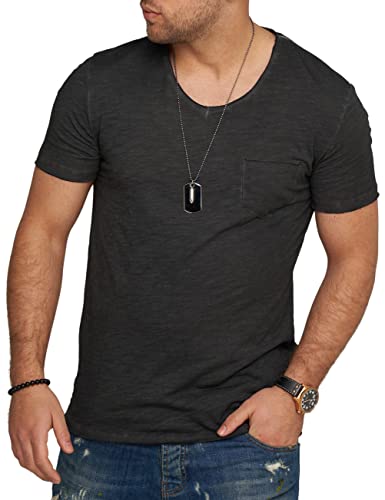 behype. Herren Kurzarm T-Shirt Washed Look mit Brusttasche V-Neck 4663-Schwarz-S von behype.