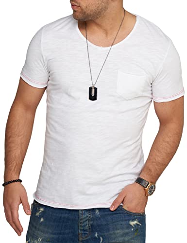 behype. Herren Kurzarm T-Shirt Washed Look mit Brusttasche V-Neck 4663-Weiß-XXL von behype.