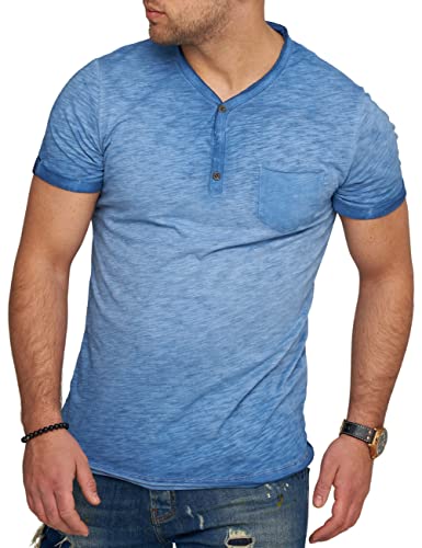 behype. Herren Kurzarm T-Shirt Washed Look mit Knopfleiste und Brusttasche V-Neck 4682-Blau-L von behype.