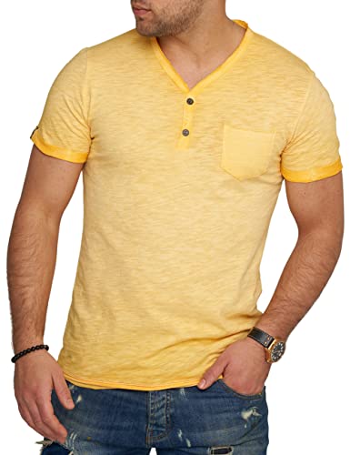 behype. Herren Kurzarm T-Shirt Washed Look mit Knopfleiste und Brusttasche V-Neck 4682-Gelb-L von behype.