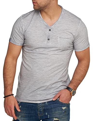 behype. Herren Kurzarm T-Shirt Washed Look mit Knopfleiste und Brusttasche V-Neck 4682-Hellgrau-M von behype.