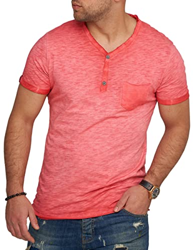 behype. Herren Kurzarm T-Shirt Washed Look mit Knopfleiste und Brusttasche V-Neck 4682-Rot-M von behype.