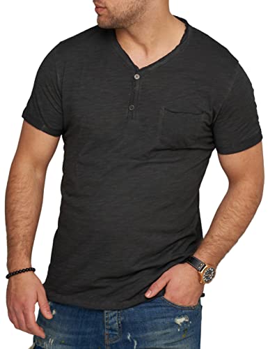 behype. Herren Kurzarm T-Shirt Washed Look mit Knopfleiste und Brusttasche V-Neck 4682-Schwarz-L von behype.