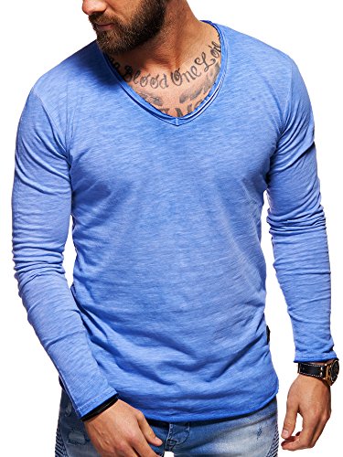 behype. Herren Langarm Basic Longsleeve V-Neck T-Shirt 30-3741 Blau M von behype.