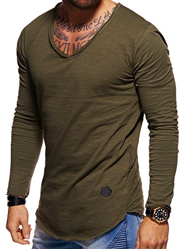 behype. Herren Langarm Basic Longsleeve V-Neck T-Shirt 30-3741 Khaki 3XL von behype.