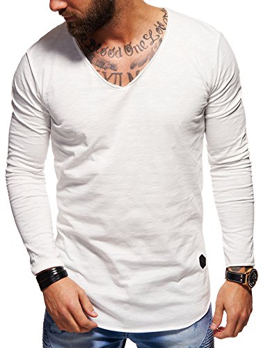 behype. Herren Langarm Basic Longsleeve V-Neck T-Shirt 30-3741 Weiß L von behype.