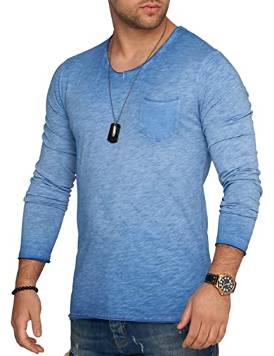 behype. Herren Langarm Shirt mit Brusttasche Longsleeve Langarmshirt T-Shirt V-Neck 3448-Blau-L von behype.