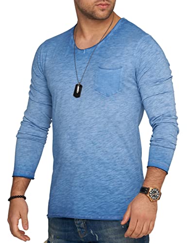 behype. Herren Langarm Shirt mit Brusttasche Longsleeve Langarmshirt T-Shirt V-Neck 3448-Blau-S von behype.