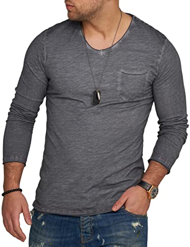 behype. Herren Langarm Shirt mit Brusttasche Longsleeve Langarmshirt T-Shirt V-Neck 3448-Dunkelgrau-L von behype.