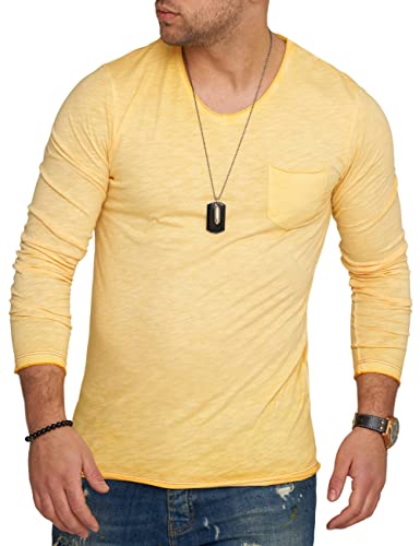 behype. Herren Langarm Shirt mit Brusttasche Longsleeve Langarmshirt T-Shirt V-Neck 3448-Gelb-L von behype.