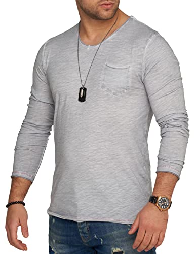 behype. Herren Langarm Shirt mit Brusttasche Longsleeve Langarmshirt T-Shirt V-Neck 3448-Hellgrau-L von behype.