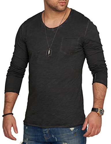 behype. Herren Langarm Shirt mit Brusttasche Longsleeve Langarmshirt T-Shirt V-Neck 3448-Schwarz-M von behype.