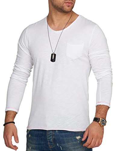 behype. Herren Langarm Shirt mit Brusttasche Longsleeve Langarmshirt T-Shirt V-Neck 3448-Weiß-S von behype.