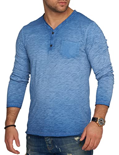 behype. Herren Langarm Shirt mit Knopfleiste & Brusttasche Longsleeve Langarmshirt T-Shirt V-Neck 3447-Blau-L von behype.