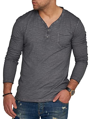 behype. Herren Langarm Shirt mit Knopfleiste & Brusttasche Longsleeve Langarmshirt T-Shirt V-Neck 3447-Dunkelgrau-L von behype.