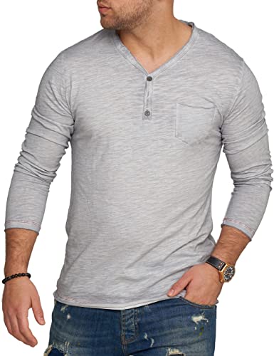 behype. Herren Langarm Shirt mit Knopfleiste & Brusttasche Longsleeve Langarmshirt T-Shirt V-Neck 3447-Hellgrau-L von behype.