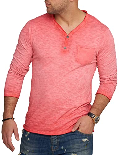 behype. Herren Langarm Shirt mit Knopfleiste & Brusttasche Longsleeve Langarmshirt T-Shirt V-Neck 3447-Rot-L von behype.