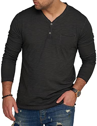 behype. Herren Langarm Shirt mit Knopfleiste & Brusttasche Longsleeve Langarmshirt T-Shirt V-Neck 3447-Schwarz-S von behype.