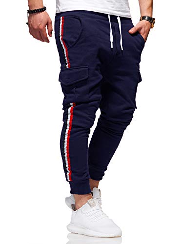 behype. Herren Lange Cargo Trainingshose Jogging-Hose Sport-Hose Side-Stripe 60-8100 (M, Navy) von behype.