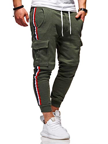 behype. Herren Lange Cargo Trainingshose Jogging-Hose Sport-Hose Stripe 60-8100 Khaki XXL von behype.