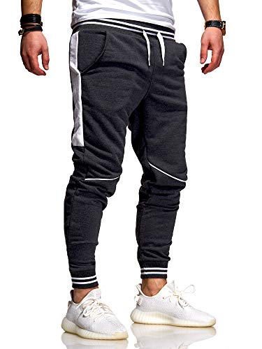 behype. Herren Lange Trainingshose Jogging-Hose Sport-Hose Kontrast-Stripes 60-3171 Dunkelgrau-Weiß L von behype.