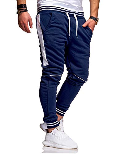 behype. Herren Lange Trainingshose Jogging-Hose Sport-Hose Kontrast-Stripes 60-3171 Navy-Weiß L von behype.