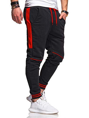 behype. Herren Lange Trainingshose Jogging-Hose Sport-Hose Kontrast-Stripes 60-3171 Schwarz-Rot M von behype.