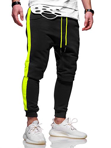 behype. Herren Lange Trainingshose Jogging-Hose Sport-Hose mit Side-Stripe 60-0351 (S, Schwarz-Neongelb) von behype.
