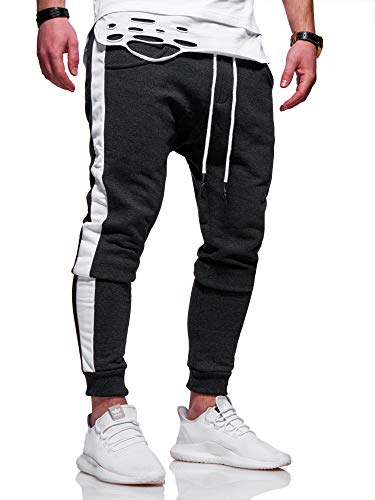 behype. Herren Lange Trainingshose Jogging-Hose Sport-Hose mit Side-Stripe 60-0351 Dunkelgrau-Weiß XL von behype.