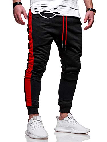 behype. Herren Lange Trainingshose Jogging-Hose Sport-Hose mit Side-Stripe 60-0351 Schwarz-Rot XXL von behype.