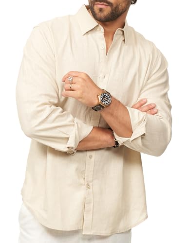 behype. Herren Leinenhemd Langarm-Hemd 100% Leinen Freizeithemd Regular-Fit Sommerhemd Strandhemd Sommer-Look DC_W1122-Beige-S von behype.