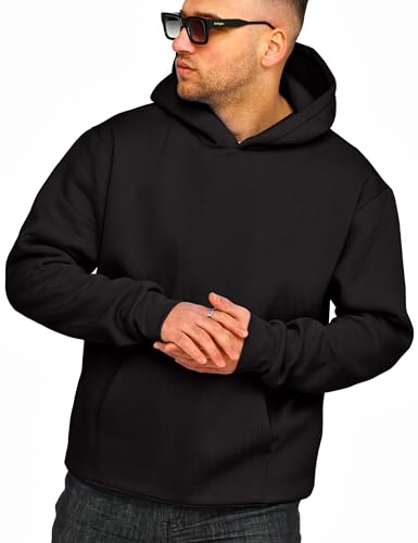 behype. Herren Oversize Hoodie Kapuzenpullover Einfarbig Basic Heavy Blank Pullover Unifarben Kapuzen-Sweatshirt in Black-L von behype.