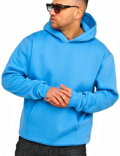 behype. Herren Oversize Hoodie Kapuzenpullover Einfarbig Basic Heavy Blank Pullover Unifarben Kapuzen-Sweatshirt in Blue-L von behype.