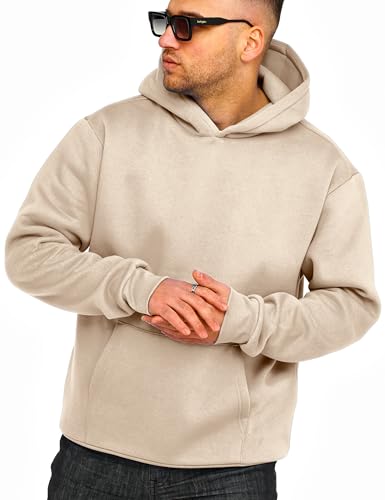 behype. Herren Oversize Hoodie Kapuzenpullover Einfarbig Basic Heavy Blank Pullover Unifarben Kapuzen-Sweatshirt (DE/NL/SE/PL, Alphanumerisch, M, Regular, Regular, Taupe) von behype.
