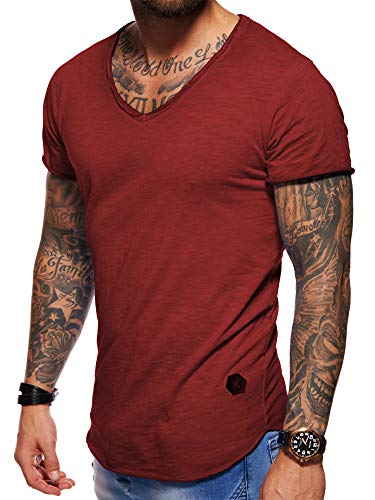 behype. Herren Oversize Kurzarm Basic T-Shirt V-Neck 20-1720 (L, Weinrot) von behype.