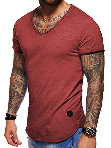 behype. Herren Oversize Kurzarm Basic T-Shirt V-Neck 20-1720 (M, Weinrot_Washed) von behype.